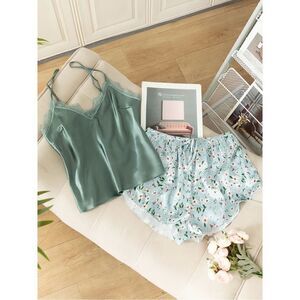 Satin Floral Print Two Piece Pajama Set